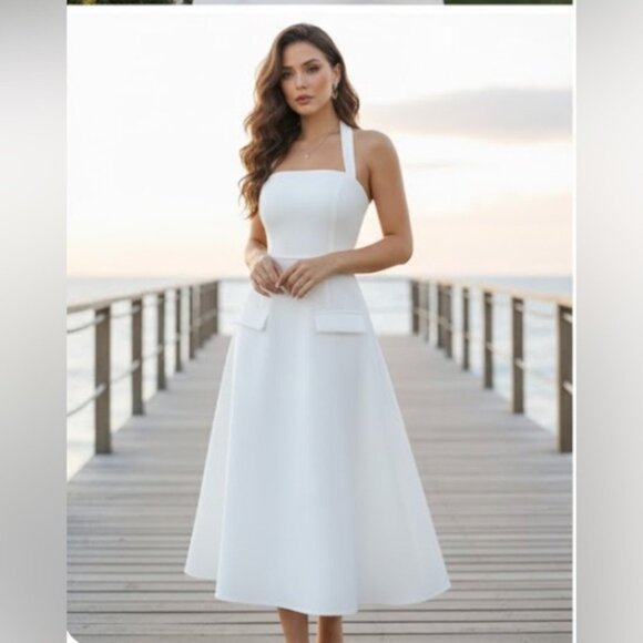 Elegant Waist A-Line Halter Neck Dress White - Picture 1 of 6